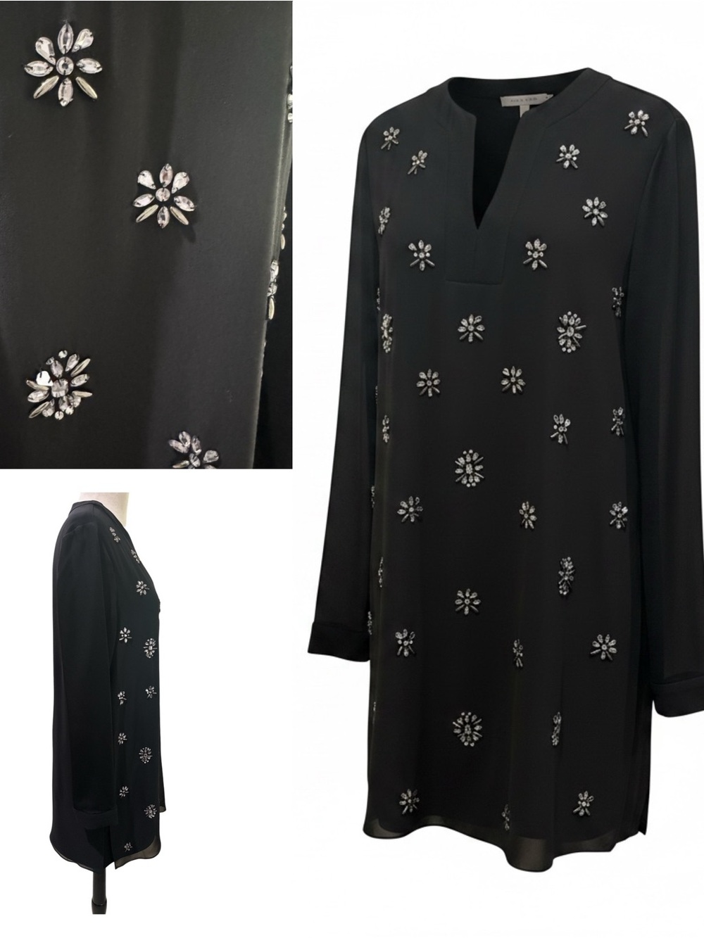 Black Embellished Long-Sleeve Tunic Dress